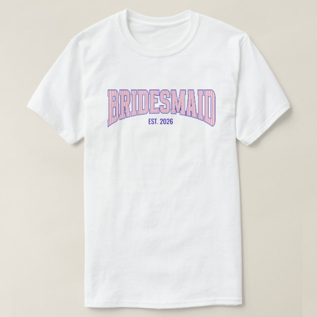 Pink + Beige Stripe Navy BRIDESMAID Bachelorette T-Shirt (Design Front)