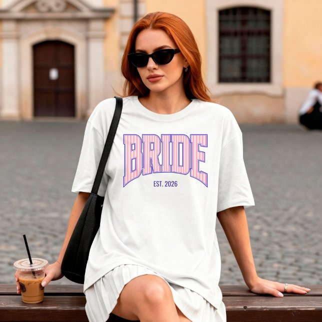 Pink + Beige Stripe Navy Varsity BRIDE T-Shirt (Personalize with names, dates, locations or events.)