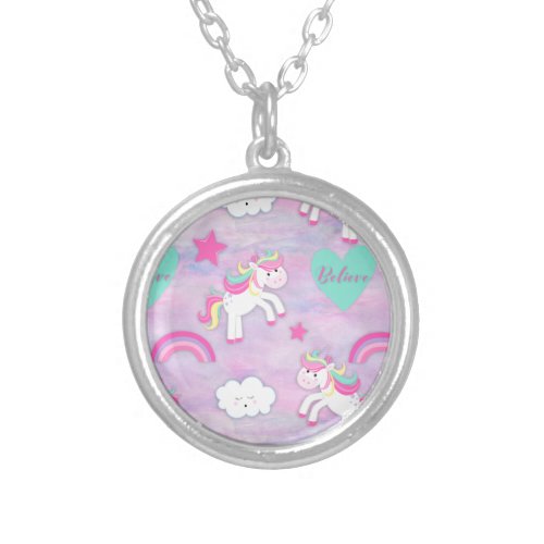 Pink Believe in Unicorns Silver Plated Necklace