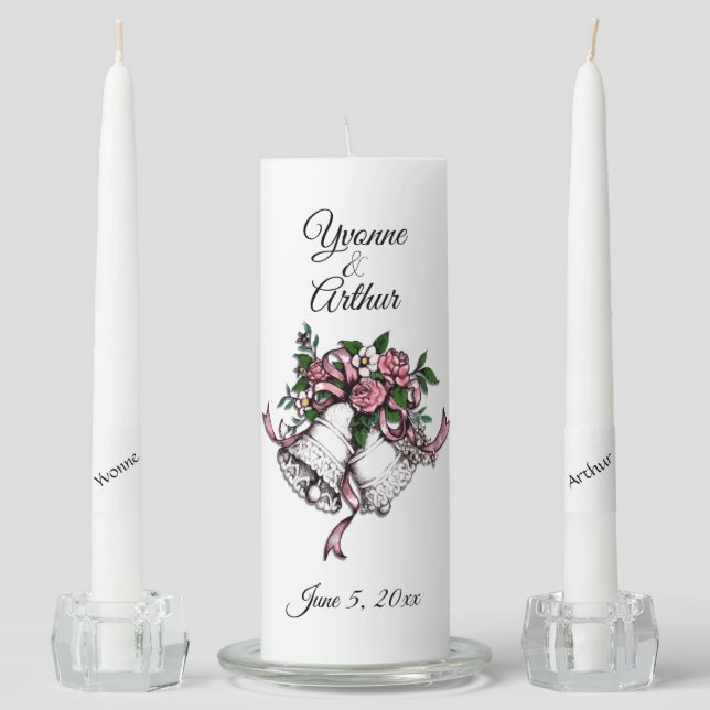 Pink Bells Two Become One Personalized Unity Candle Set (Front)