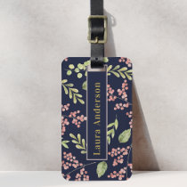 Pink Berries and Foliage Custom Name Navy Blue  Luggage Tag