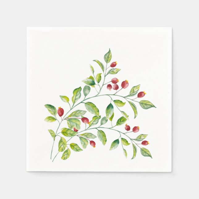 Pink Berries and Green Foliage Wedding Paper Napkins (Front)