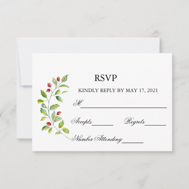 Pink Berries and Green Foliage Wedding Reply RSVP Card (Front)