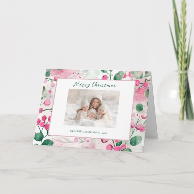 Pink Berries Photo Floral Christmas Card (Front)