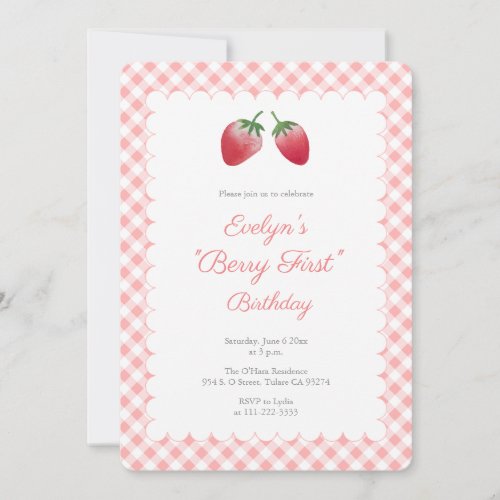 Pink Berry First 1st Birthday Strawberry Party Invitation