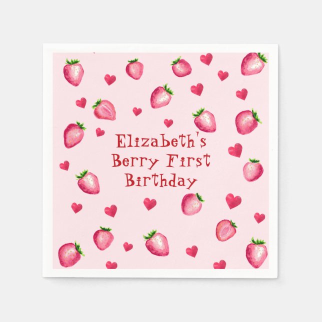 Pink Berry First Birthday Party Strawberry Hearts  Napkins (Front)