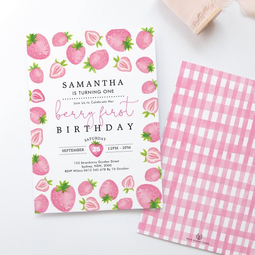 Pink Berry First Birthday Strawberry 1st Birthday Invitation