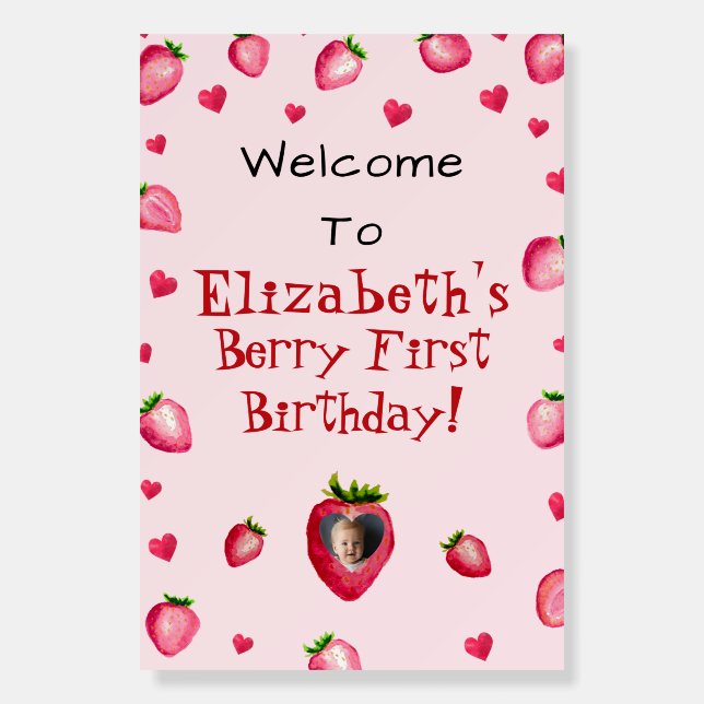 Pink Berry First Birthday Strawberry Custom Photo  Foam Board (Front)