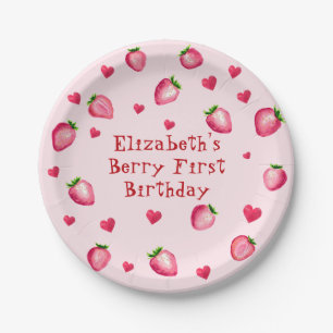 Pink Berry First Birthday Strawberry Party Hearts Paper Plates
