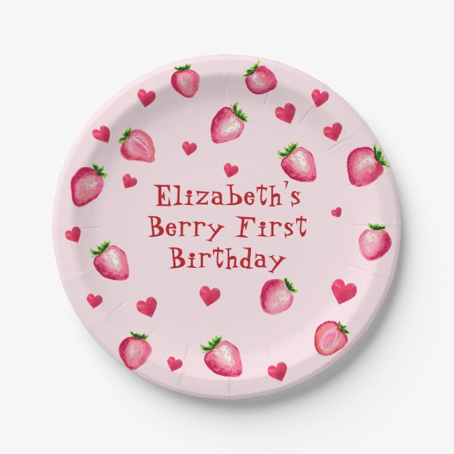 Pink Berry First Birthday Strawberry Party Hearts Paper Plates (Front)