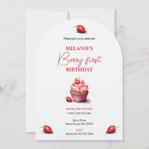 Pink Berry First Birthday Watercolor Cupcake Invitation