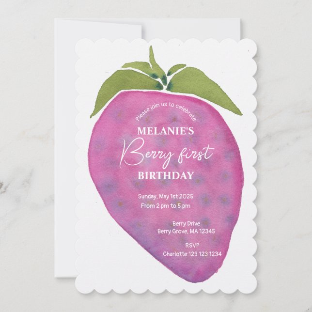 Pink Berry First Birthday Watercolor Custom Invitation (Front)