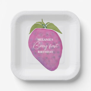 Pink Berry First Birthday Watercolor Custom Paper Plates