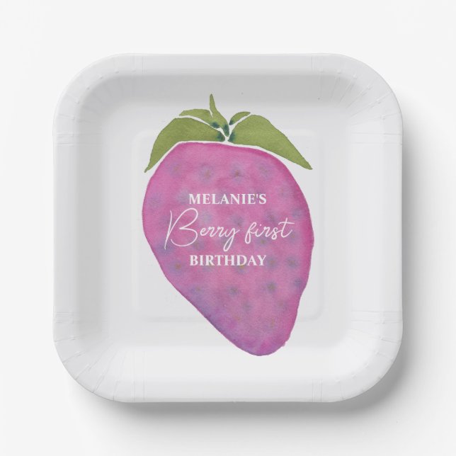 Pink Berry First Birthday Watercolor Custom Paper Plates (Front)