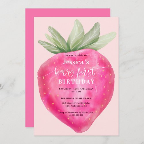 Pink berry first birthday watercolor strawberry invitation