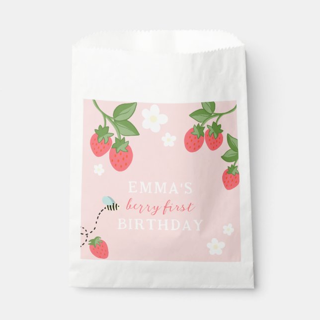 Pink Berry First Girls Strawberry 1st Birthday Favor Bag (Front)