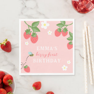 Pink Berry First Girls Strawberry 1st Birthday Napkins