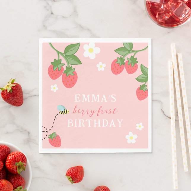 Pink Berry First Girls Strawberry 1st Birthday Napkins (Insitu)