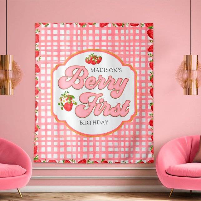 Pink Berry First Red Strawberry Birthday Backdrop (Creator Uploaded)