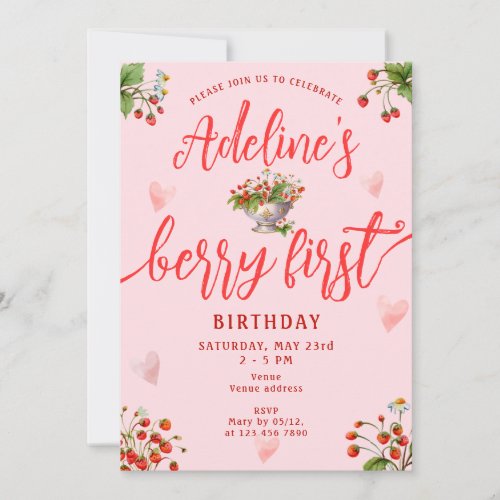 Pink Berry First Strawberry 1st Birthday Party Invitation