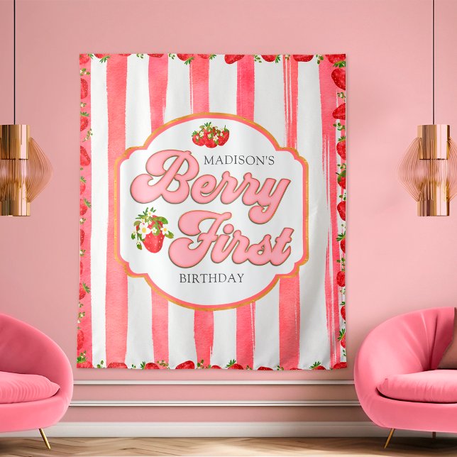 Pink Berry First Strawberry Birthday Backdrop (Creator Uploaded)