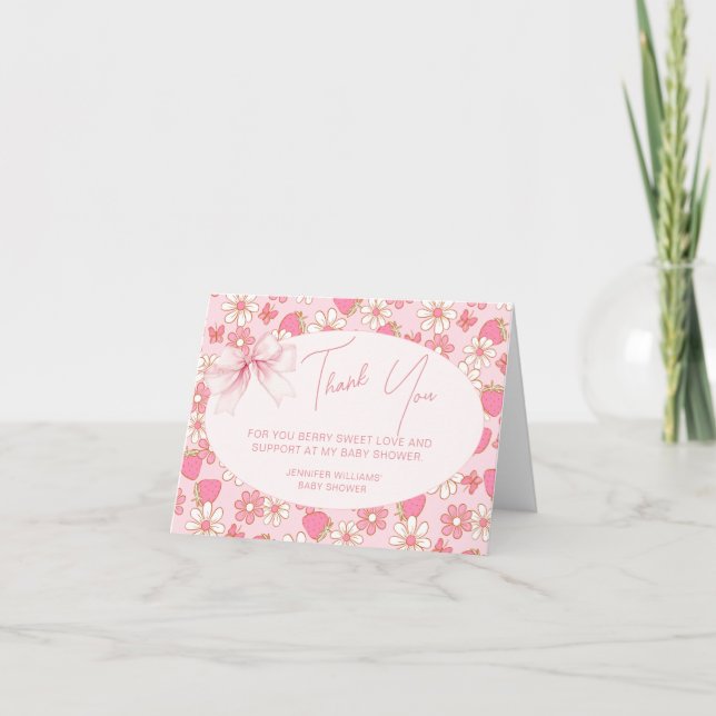 Pink Berry Sweet Baby Girl Shower Thank You Cards (Front)