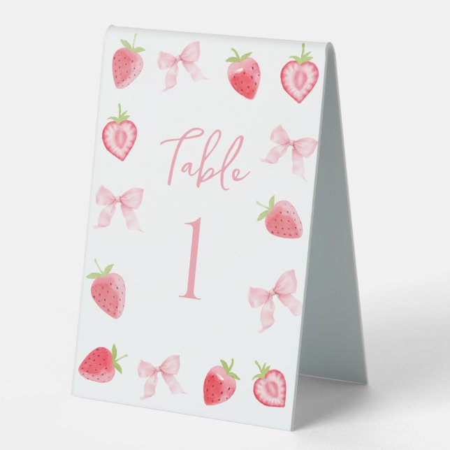 Pink Berry Sweet Bow Baby Shower Table Number Tent (Front)
