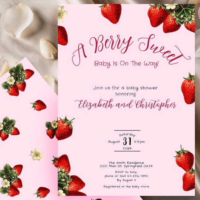 Pink Berry Sweet Red Strawberry Girl Baby Shower Invitation (Creator Uploaded)