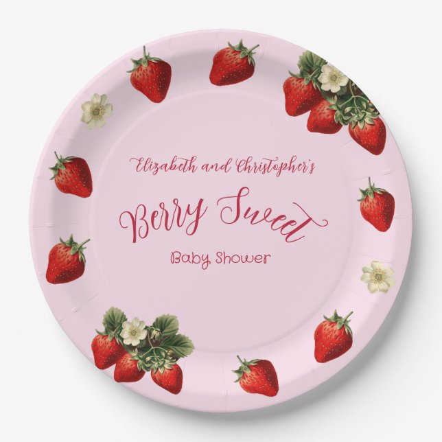 Pink Berry Sweet Red Strawberry Girl Baby Shower Paper Plates (Front)