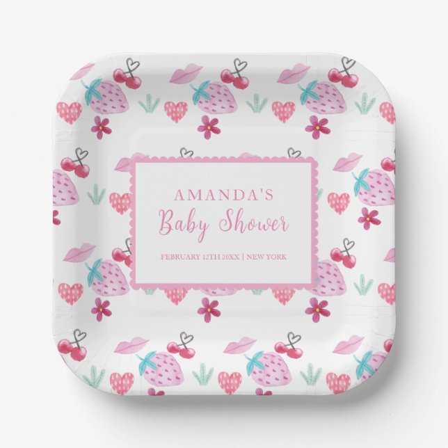 Pink Berry Sweet Sweetheart Valentine Baby Shower  Paper Plates (Front)
