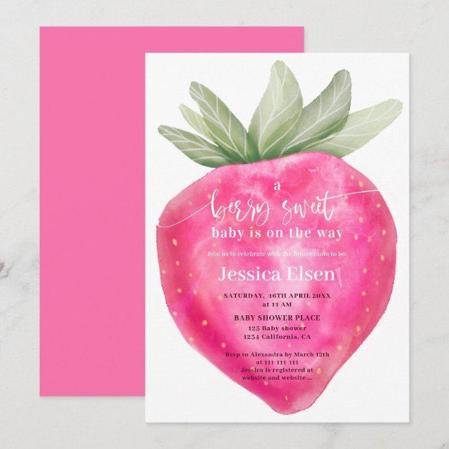 Pink berry sweet watercolor strawberry baby shower invitation (Front/Back)