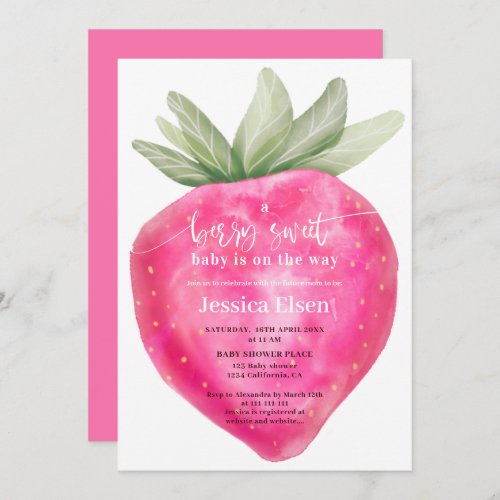 Pink berry sweet watercolor strawberry baby shower invitation