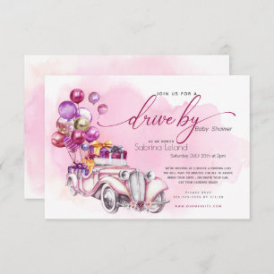 Pink Berry Vintage Car Drive-By Baby Shower Invitation