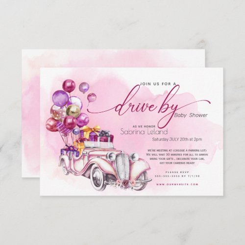Pink Berry  Vintage Car Drive_By Baby Shower Invitation