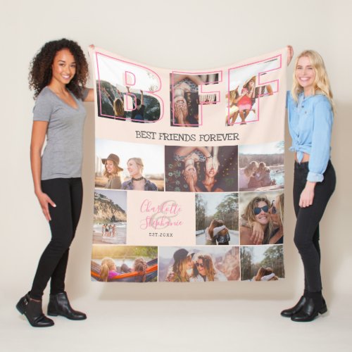 Pink best friends script 12 photos collage grid fleece blanket