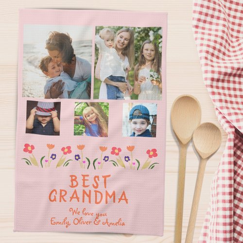 Pink Best Grandma Flowers 5 Photo Collage Keepsake Kitchen Towel