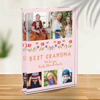 Pink Best Grandma Flowers Floral Family Photo Block by OneLook at Zazzle