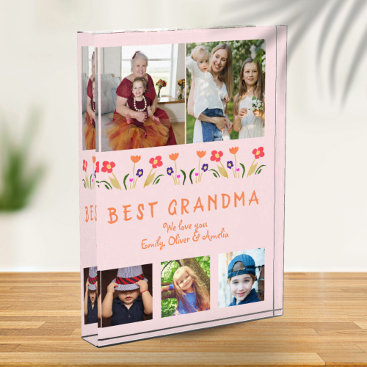 Pink Best Grandma Flowers Floral Family Photo Block