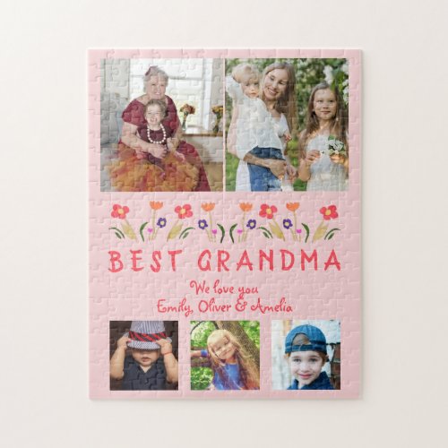 Pink Best Grandma Flowers Floral Family Photo Jigsaw Puzzle