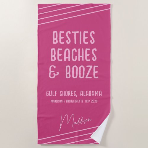 Pink Besties Beaches Booze Girls Trip Personalized Beach Towel