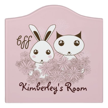 Pink BFF Cute Cartoon Kitten and Bunny Kids Room Door Sign