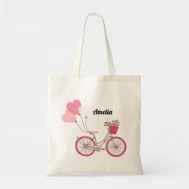 Pink Bicycle and Heart Balloons Personalized Bag (Front)