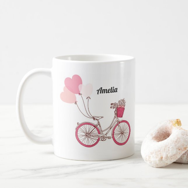 Pink Bicycle and Heart Balloons Personalized Mug (With Donut)