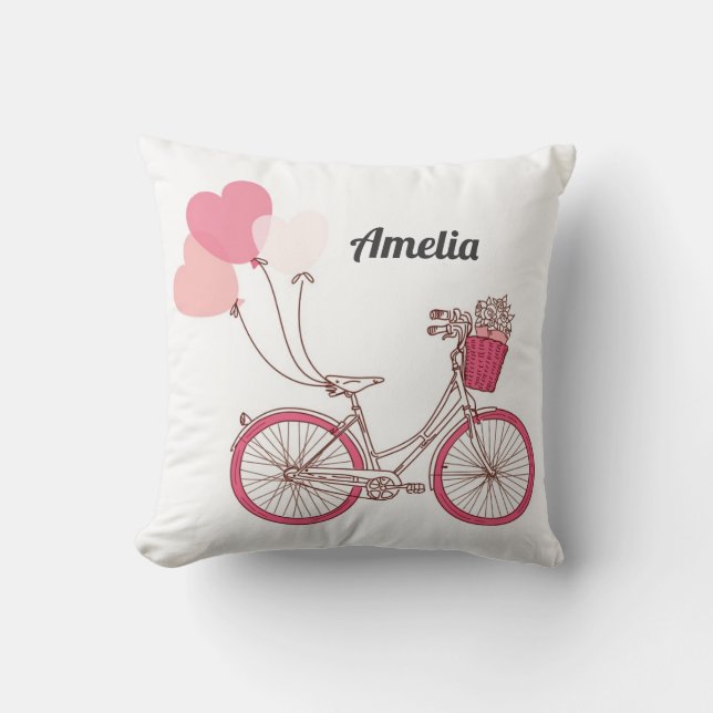 Pink Bicycle and Heart Balloons Personalized Throw Pillow (Front)