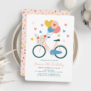 Pink Bicycle Balloons & Hearts Girl Birthday Invitation