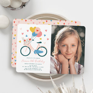 Pink Bicycle Balloons & Hearts Girl Birthday Photo Invitation