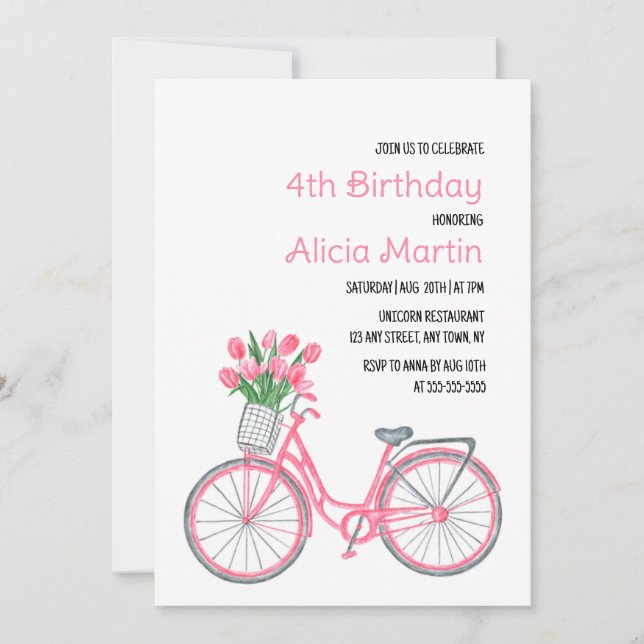 Pink Bicycle Basket Tulip Flower Any Age Birthday Invitation (Front)