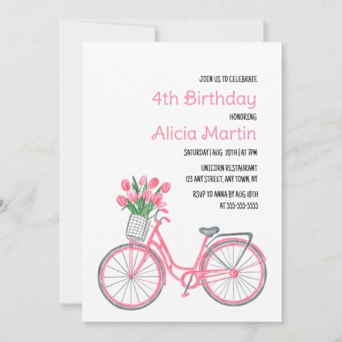 Pink Bicycle Basket Tulip Flower Any Age Birthday Invitation