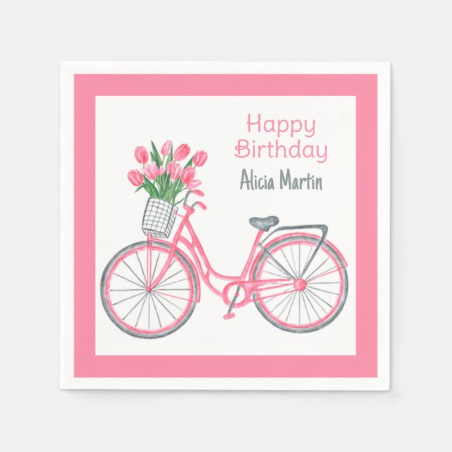 Pink Bicycle Basket Tulip Flower Any Age Birthday Napkins (Front)