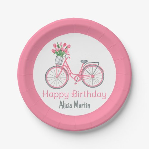 Pink Bicycle Basket Tulip Flower Any Age Birthday Paper Plates